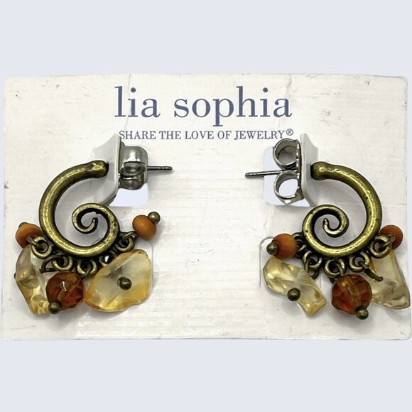 Lia Sophia Earrings Mantra Spiral Hoops Dangle Bead Antiqued Gold Tone Retired - Picture 1 of 7